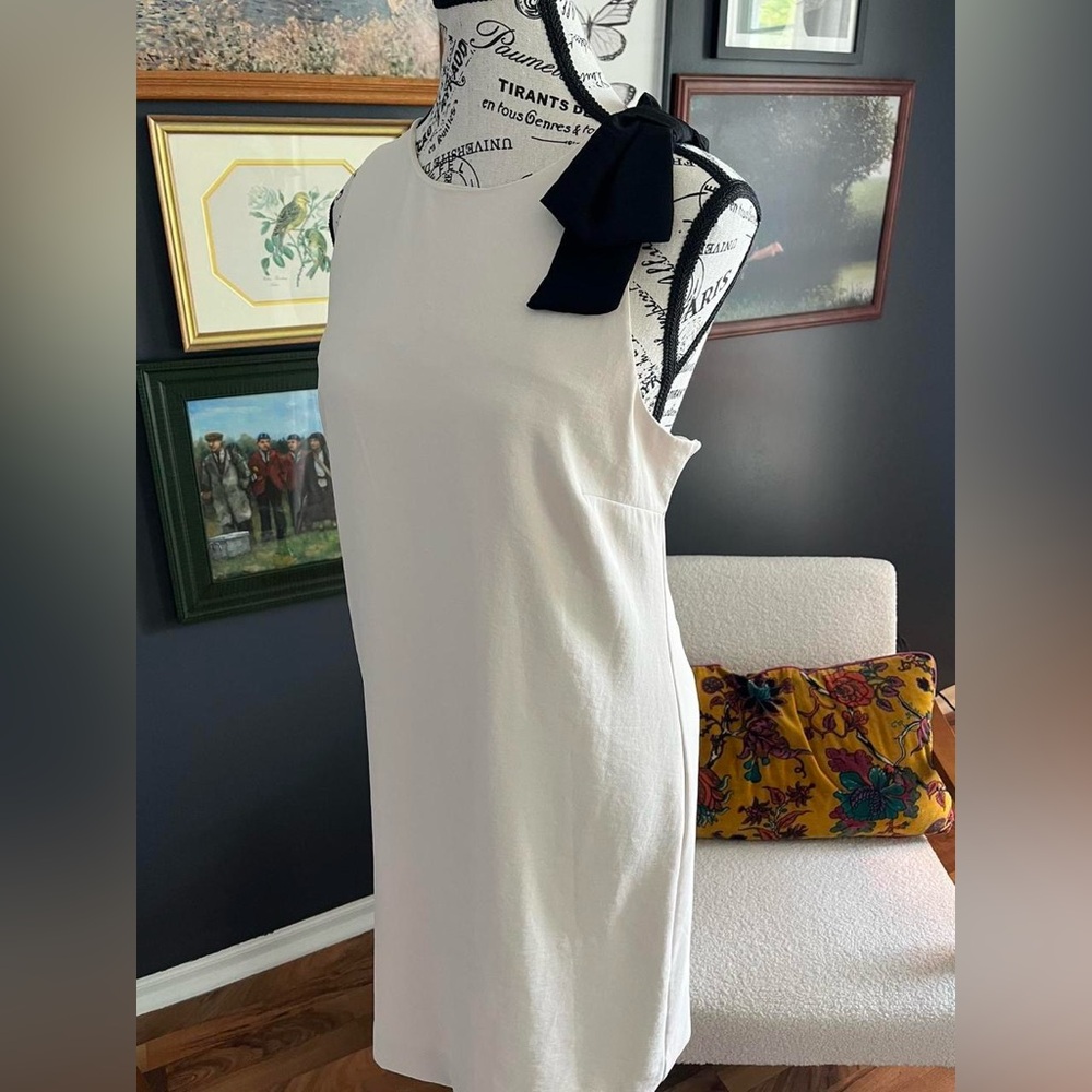 Mango Cream Midi Dress with Black Bow Accent